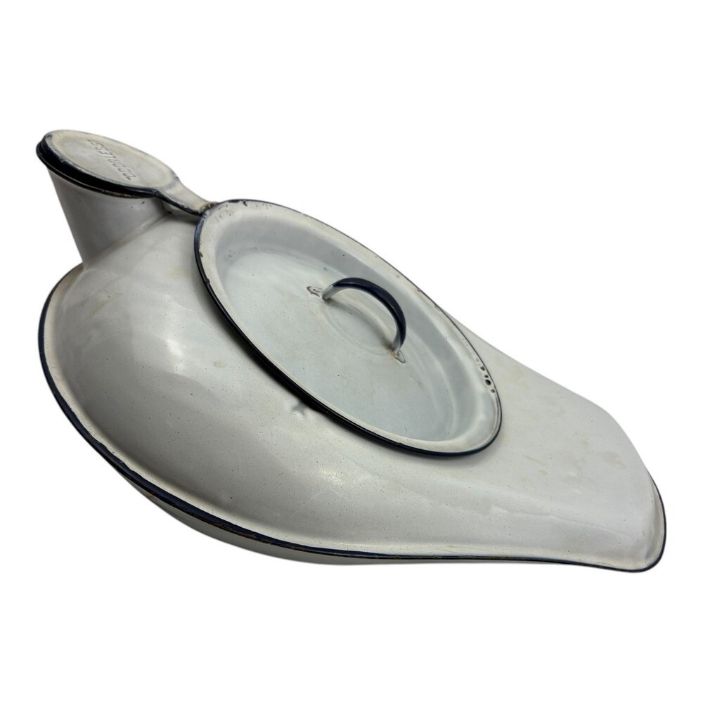 Vintage‎ Enamelware "Odorless" Bedpan with Lid - White & Black Trim - Picture 12 of 13